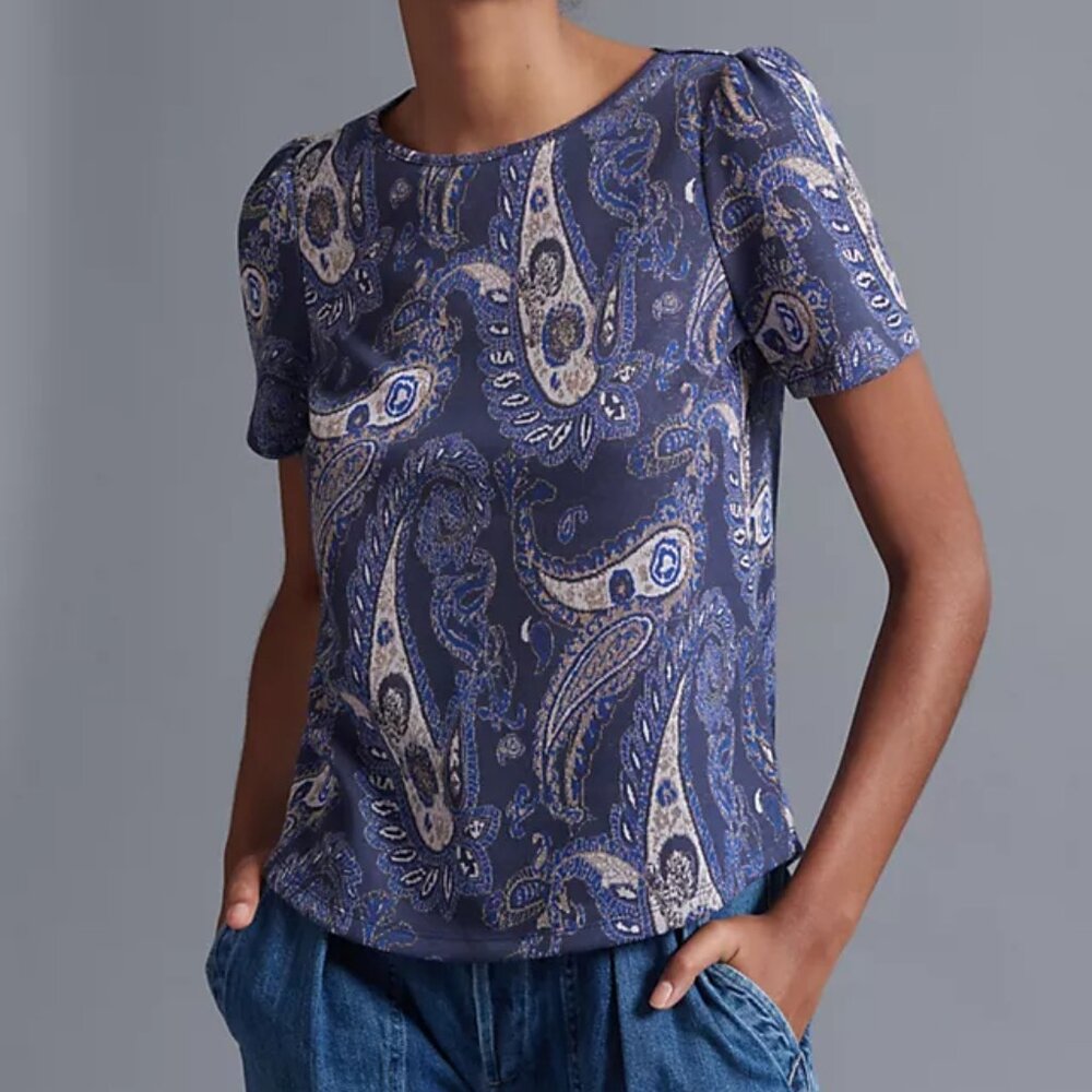 Anthropologie Demeter Blue Metallic Paisley Tee